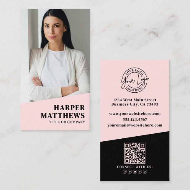Logo QR Code Blush Pink Business Card (Front/Back)