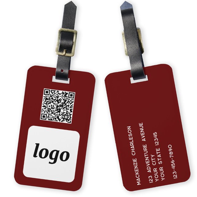 Logo QR Code Burgundy Business Promotional Luggage Tag (Simple logo with QR code business branding promotional luggage tag)