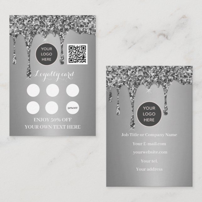 Logo QR Code Business Reward Punch Silver Loyalty Card (Front/Back)