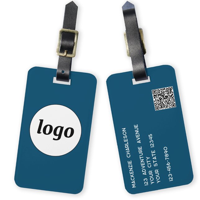 Logo QR code Business Teal Green Luggage Tag (Simple logo with QR code and custom text business branding promotional teal green luggage tag)