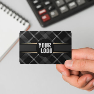 Logo & QR Code Charcoal Grey Plaid Modern Branded Business Card