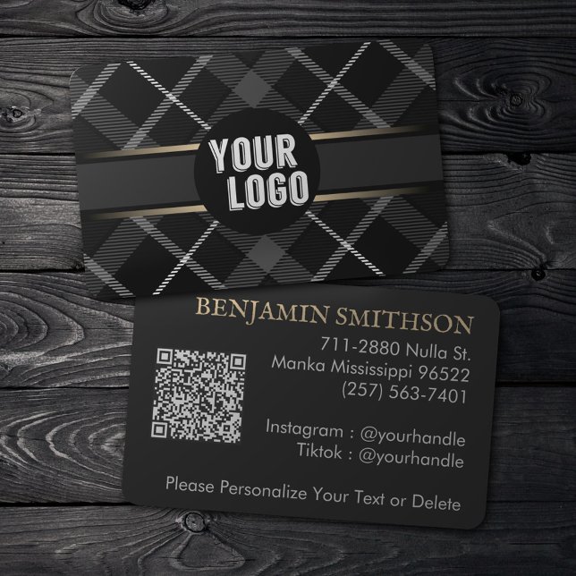  Logo & QR Code Charcoal Grey Plaid Modern Branded Business Card (Creator Uploaded)