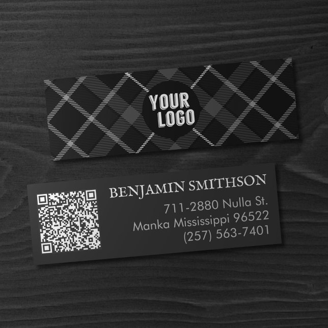  Logo & QR Code Charcoal Grey Plaid Modern Branded Mini Business Card (Creator Uploaded)
