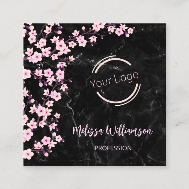 Logo |  QR Code | Cherry Blossoms Black Marble Square Business Card (Front)