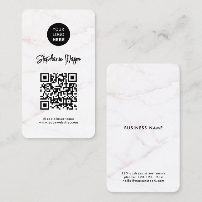 Logo &QR Code | Elegant White Rose Gold Marble Business Card (Front/Back)