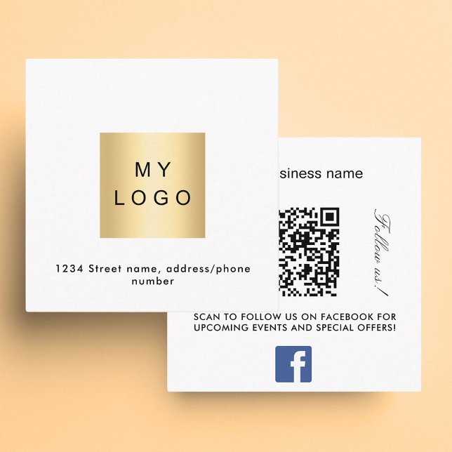 Logo QR code Facebook follow us white Square Business Card (Creator Uploaded)