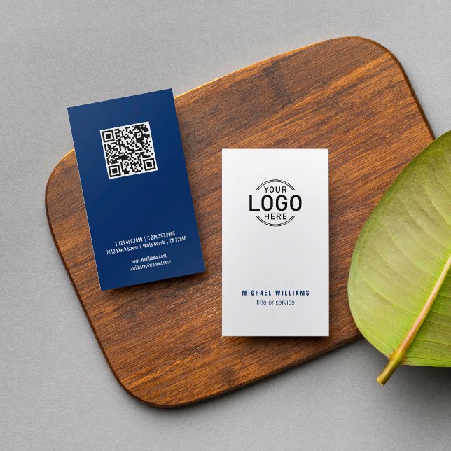 Logo QR Code Minimalist White Navy Blue Custom Business Card (Creator Uploaded)