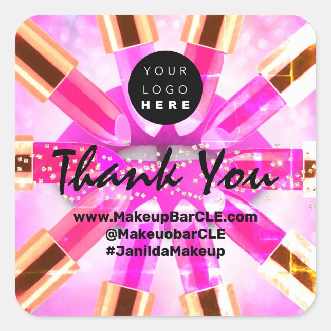 Logo QR Code Name Thank Shopping Pink Golden Lips Square Sticker (Front)