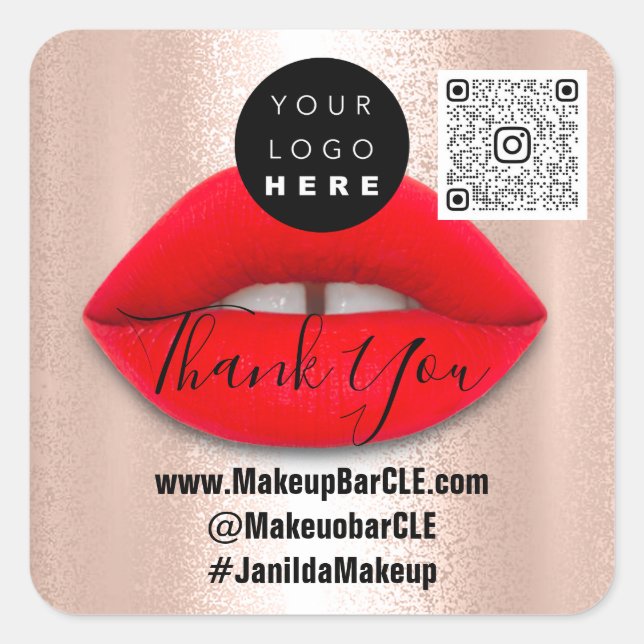 Logo QR Code Name Thank Shopping Red Lips Rose Square Sticker (Front)