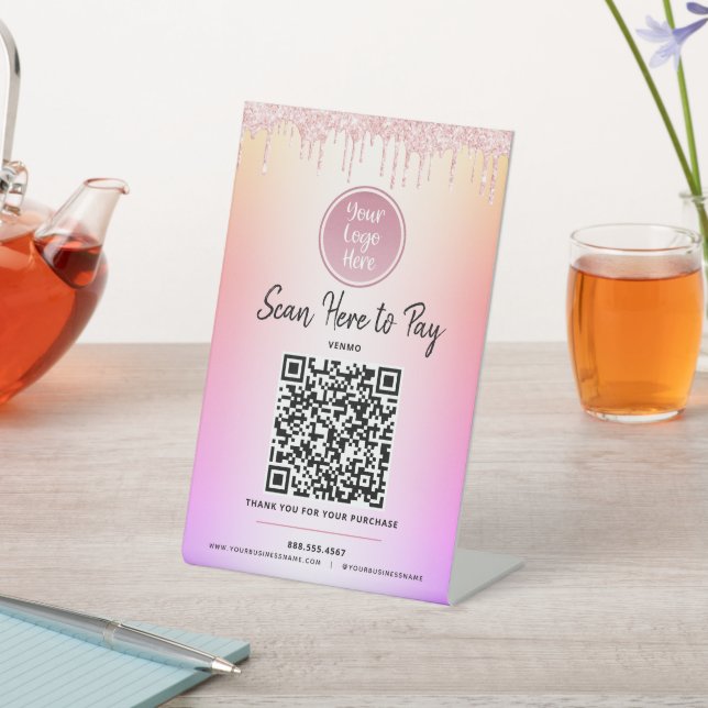 Logo QR Code Pink Glitter Pay Here Rainbow Ombre Pedestal Sign (In SItu)