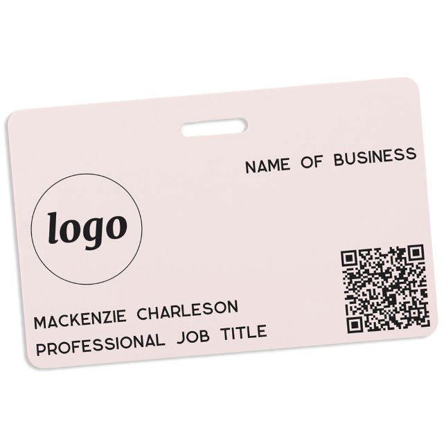 Logo QR Code Professional Business Blush Pink Name Badge (Simple logo QR code with custom text business promotional branding name tag)