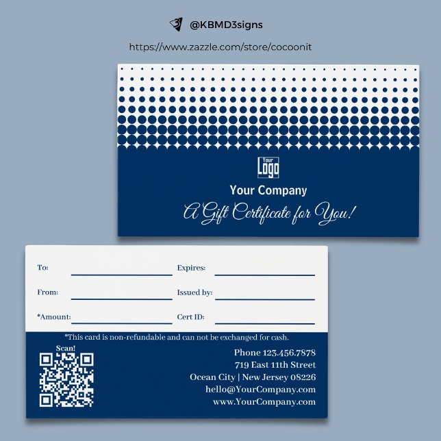 Logo QR Code Promo Bleu Blanc Certificat cadeau (Logo QR Code Promo Blue White Gift Certificate, 3.5x2,  Track.ID, Professional)