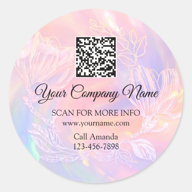 Logo QR Code Promotional Holographic Floral Wreath Classic Round Sticker (Front)
