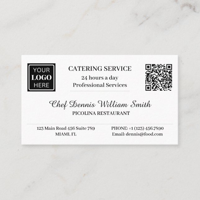 Logo QR code Restaurant Catering Service Business Card (Front)
