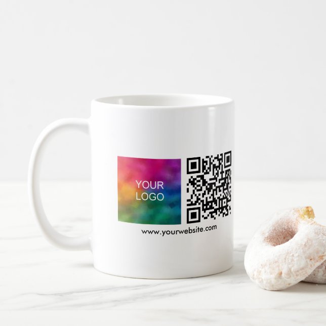 Logo QR Code Scan Me Template White Minimalist Coffee Mug (With Donut)