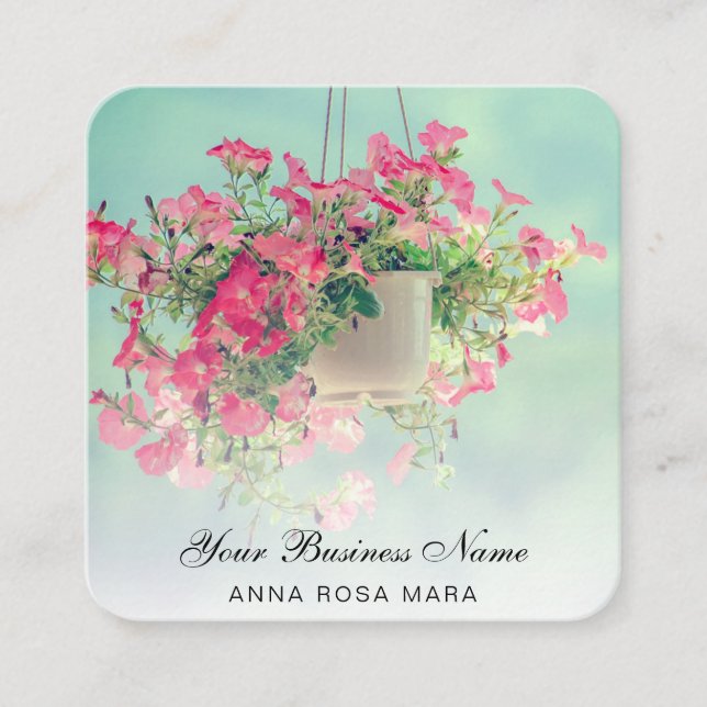 *~* Logo QR Floral Flower Hanging Blue Petunia Pot Square Business Card (Front)