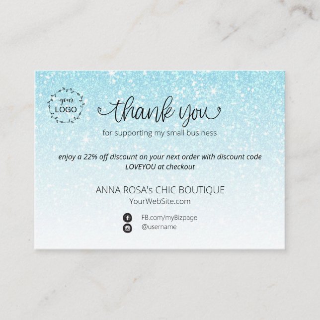 *~* Logo QR  Pastel Glitter Thank You Branding Enclosure Card (Front)