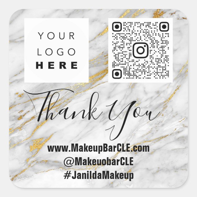 Logo QRCode Name Thank Shopping Faux Marble Grey Square Sticker (Front)