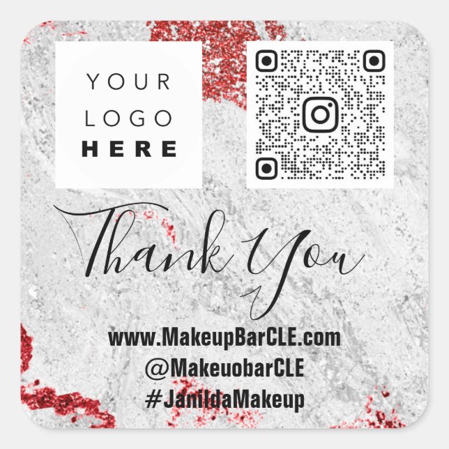 Logo QRCode Name Thank Shopping Marble Grey Red Square Sticker (Front)