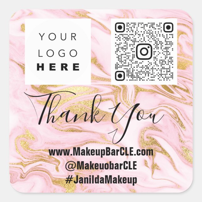 Logo QRCode Name Thank Shopping Marble Pink Gold Square Sticker (Front)