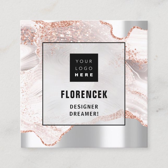 Logo QRCODE Shop Holograph Makeup Rose Marble Square Business Card (Front)