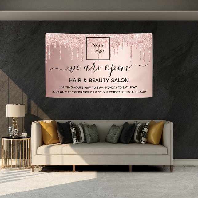 Logo reopening hair beauty salon rose gold glitter banner (Creator Uploaded)