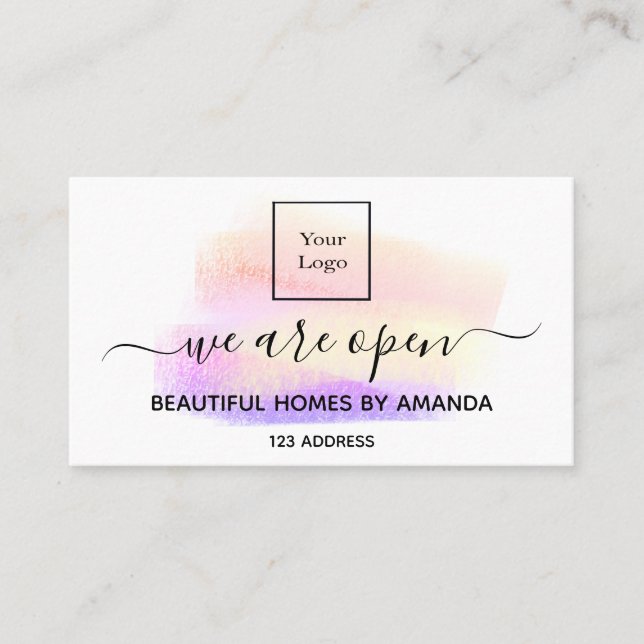Logo reopening white pastels interior designer business card (Front)