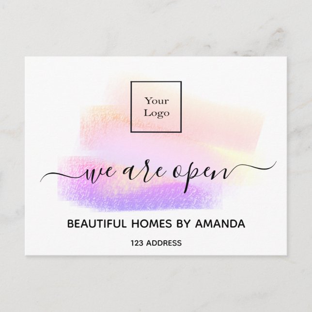 Logo reopening white pastels interior designer postcard (Front)
