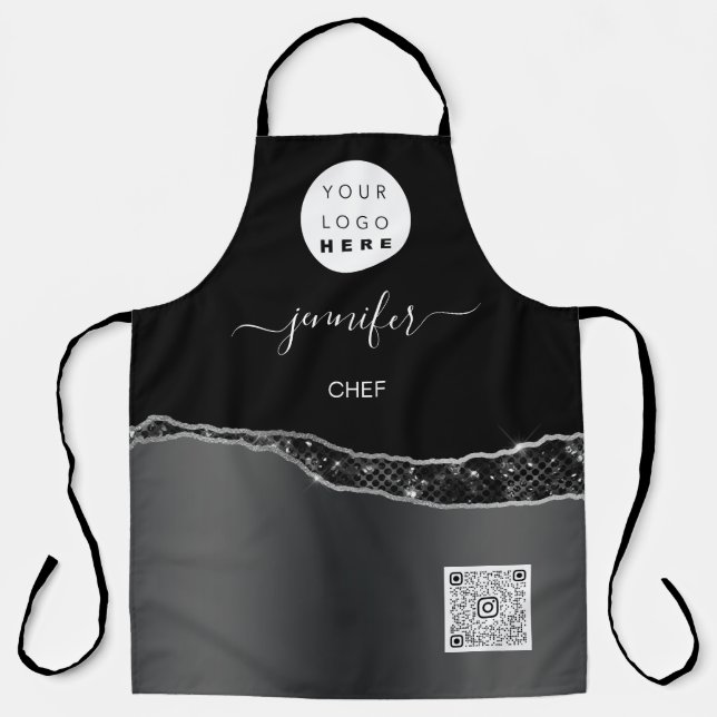 Logo Restaurant Bakery Catering Cake QR Black Apron (Front)