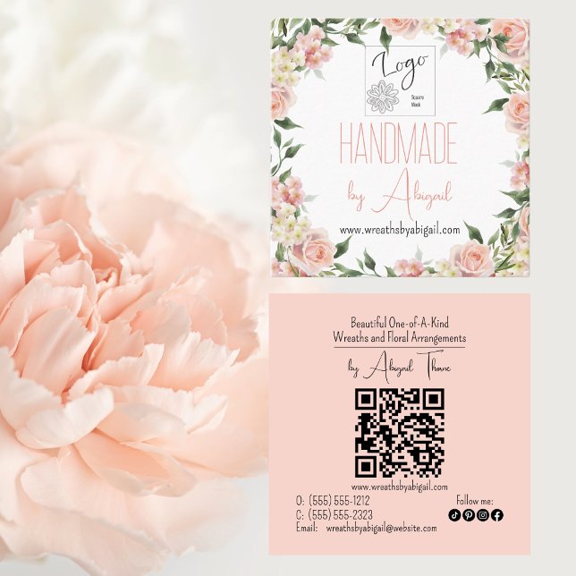 Logo Rose Floral Carte de visite artisanal artisan (Pink Rose Floral Handmade Crafting Logo QR Code Square Business Cards)