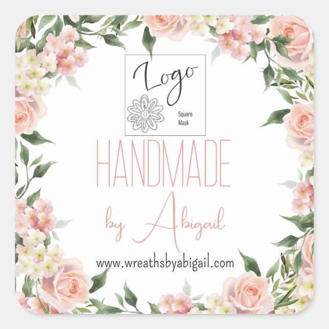 Logo Rose Floral Handmade Crafting Business Promo Square Sticker (Front)