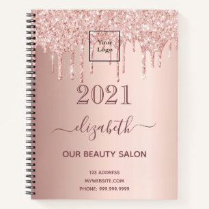 Logo rose gold glitter drips beauty salon notebook