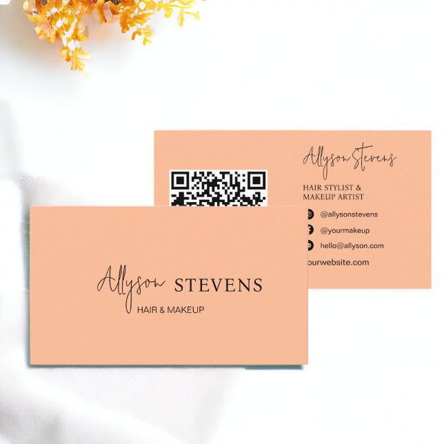 Logo script chic peach hair makeup qr code business card (Logo script chic peach hair makeup qr code business card)