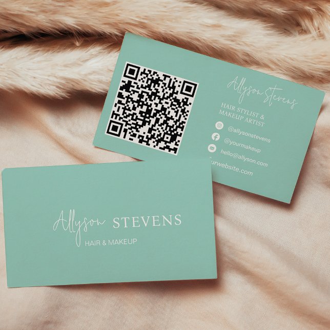 Logo script white turquoise hair makeup qr code business card (Logo script white turquoise hair makeup qr code business card)