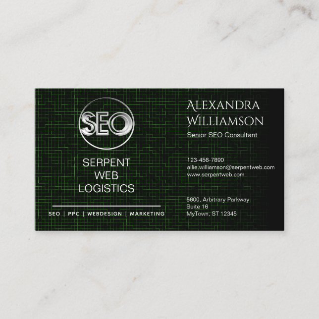 Logo SEO PPC Web Design and Marketing Green Grid Business Card (Front)
