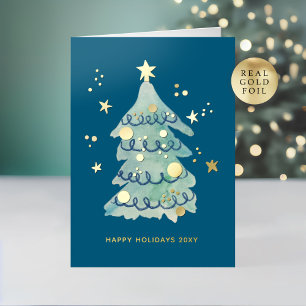 Logo Simple Christmas Tree Dark Blue Business Foil Holiday Card