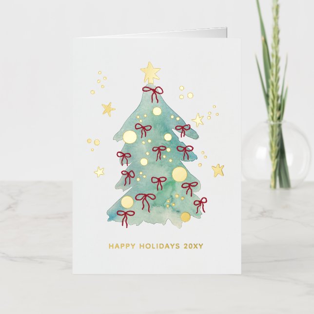 Logo Simple Christmas Tree Red Ribbons Business Foil Holiday Card (Front)