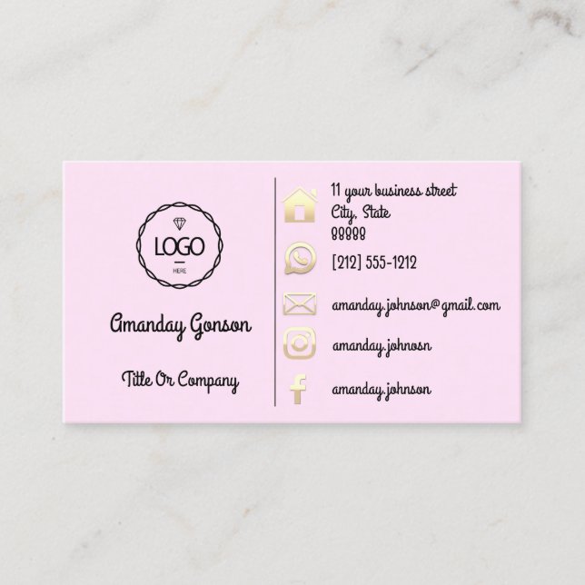  Logo Social Media Gold QR Code Custom Pink Business Card (Front)