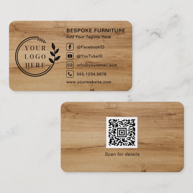 Logo Social Media QR Code Carpentry Wood Modern Business Card (Front/Back)