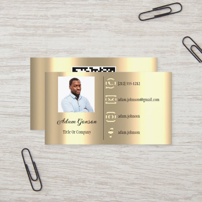  Logo Social Media QR Code Photo Faux Gold  Business Card (Front/Back In Situ)