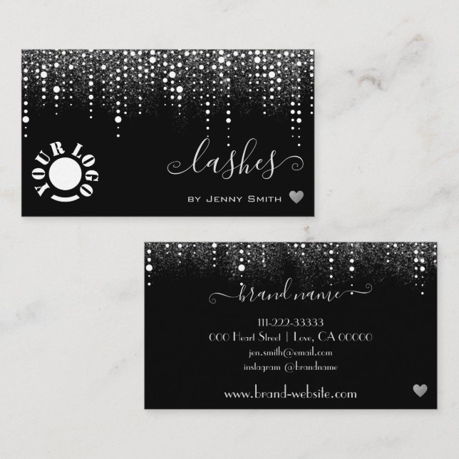 Logo Template Pretty Drips Silver Glitter Rain Business Card (Front/Back)