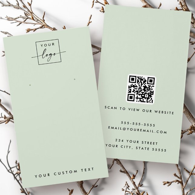 Logo vert clair QR carte d'affichage d'oreille (Light sage green logo QR earring display card)