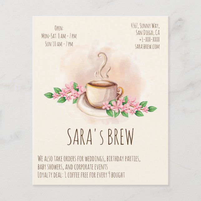 logo watercolor coffee mug and flowers cafe flyer (Front)