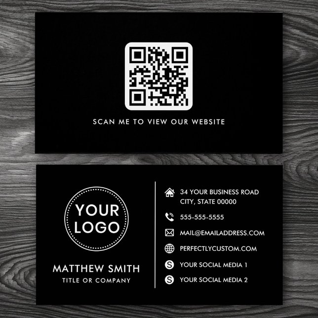 Logo website social media QR black business card (Professional black business cards with custom logo and QR code template)