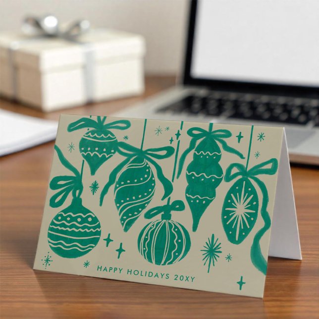 Logo Whimsical Green Decorations Beige Corporate Holiday Card (Creator Uploaded)