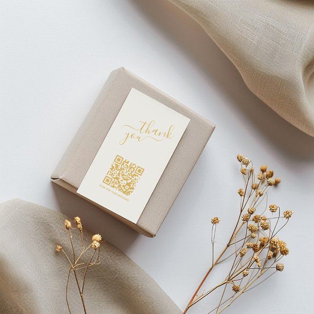 logos sociaux code QR, or merci insérer Carte (Elegant thank you insert card with gold script and QR code on gift box.)
