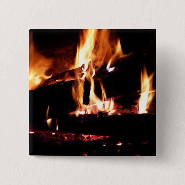 Logs in the Fireplace Warm Fire Photography 2 Inch Square Button (Front)