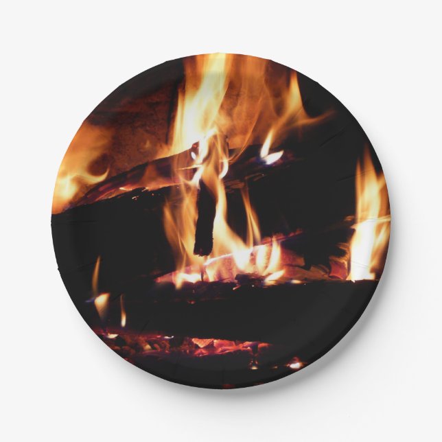 Logs in the Fireplace Warm Fire Photography Paper Plate (Front)