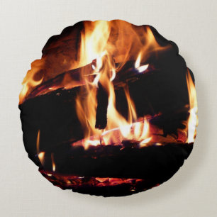 Logs in the Fireplace Warm Fire Photography Round Pillow