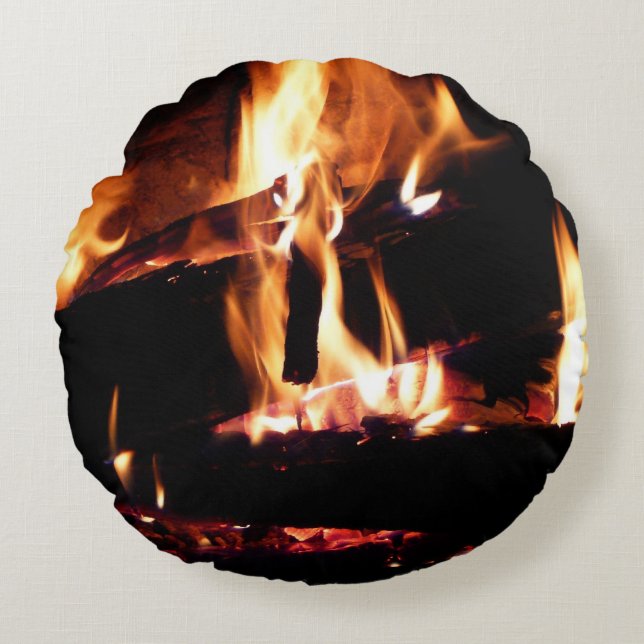 Logs in the Fireplace Warm Fire Photography Round Pillow (Front)